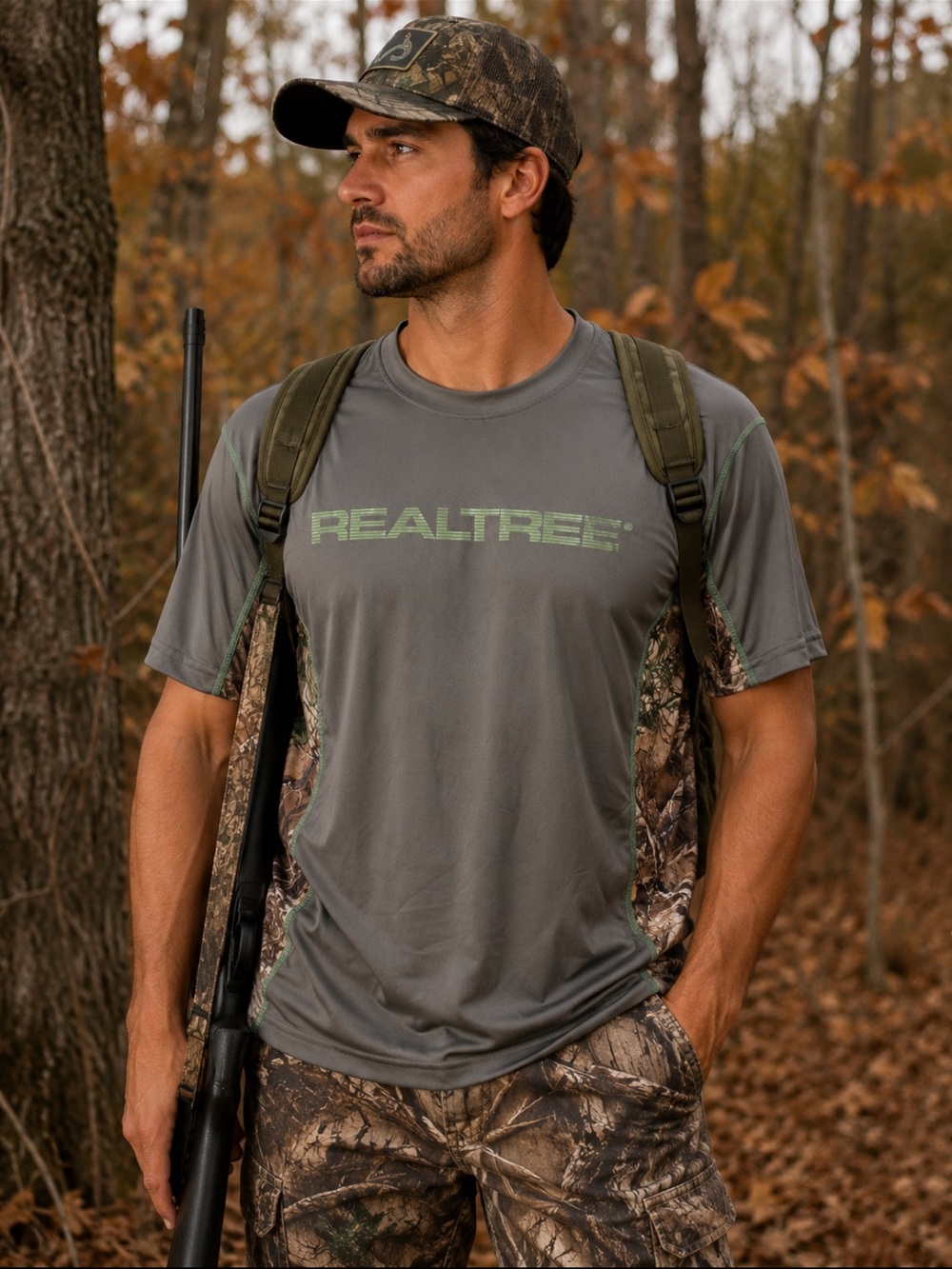 Realtree Gray Performance Tee with Camo Side Panels